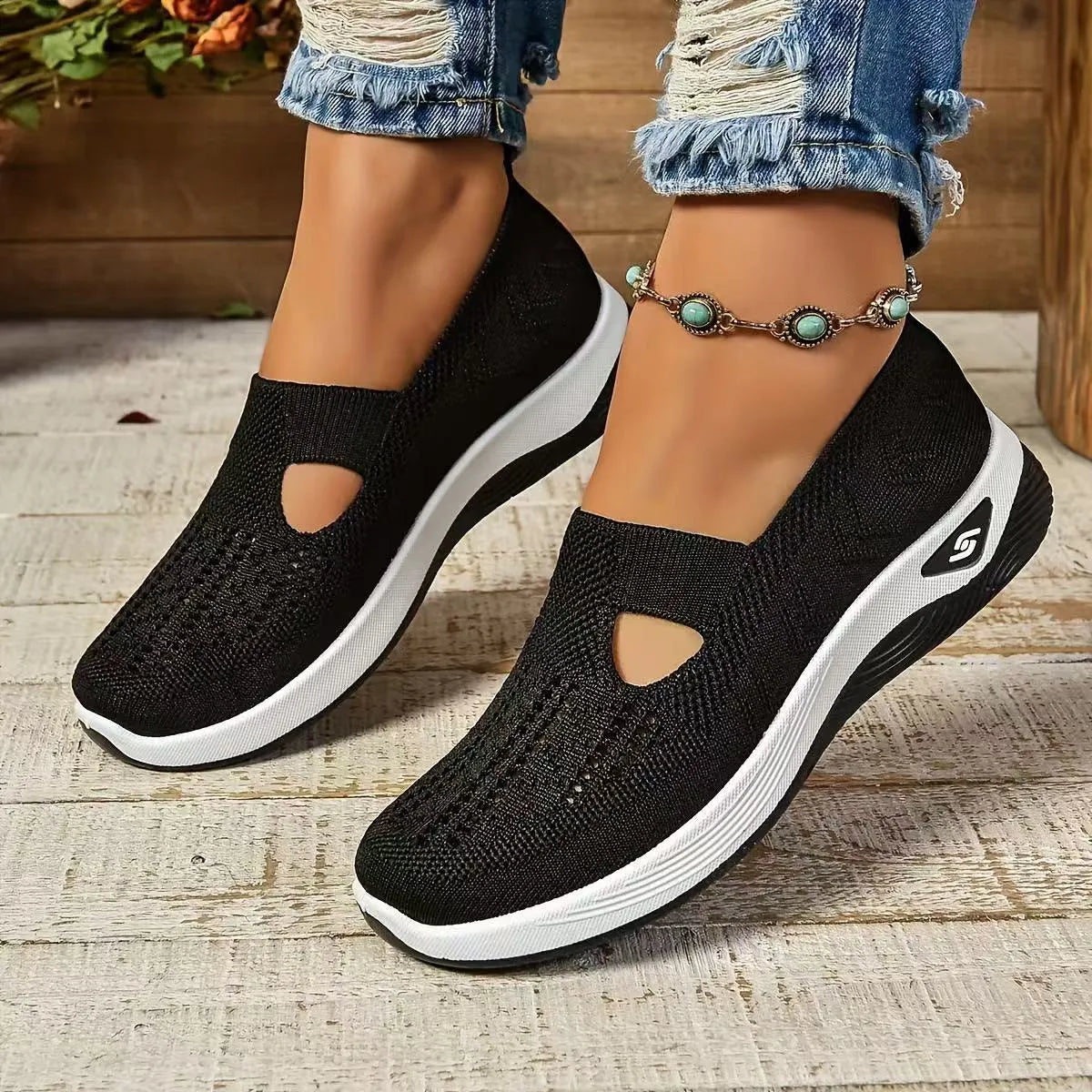 Casual mesh T-strap flat shoes with soft PVC sole in multiple colours on a white background.