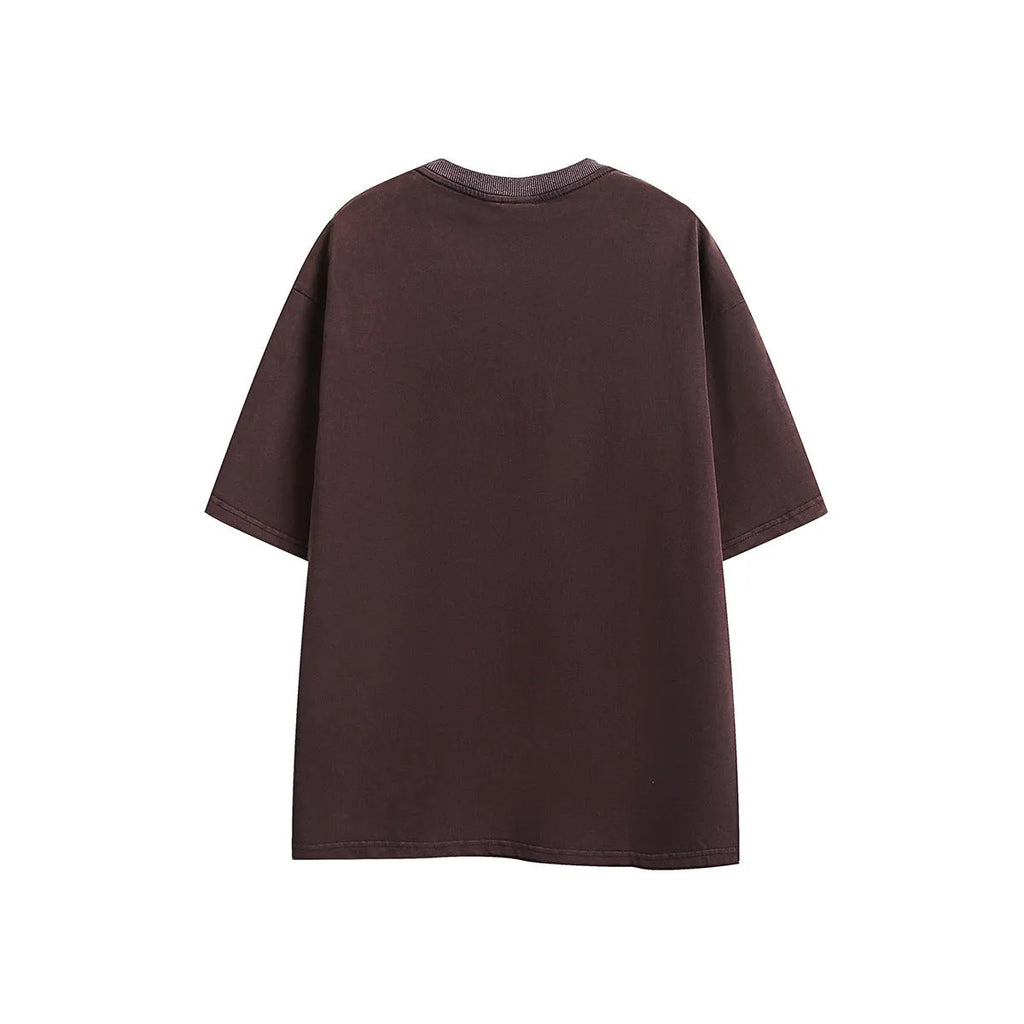 Men's purple retro washed cotton embroidered short-sleeved t-shirt on a hanger, loose fit.