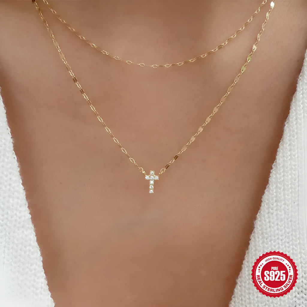 S925 sterling silver double layer twin diamond cross pendant necklace on clavicle chain in gold colour