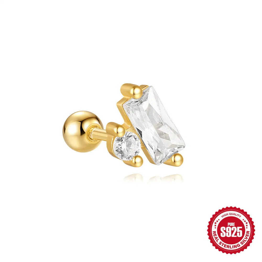 S925 sterling silver square gravel stud earrings with red flower design in golden electroplated finish