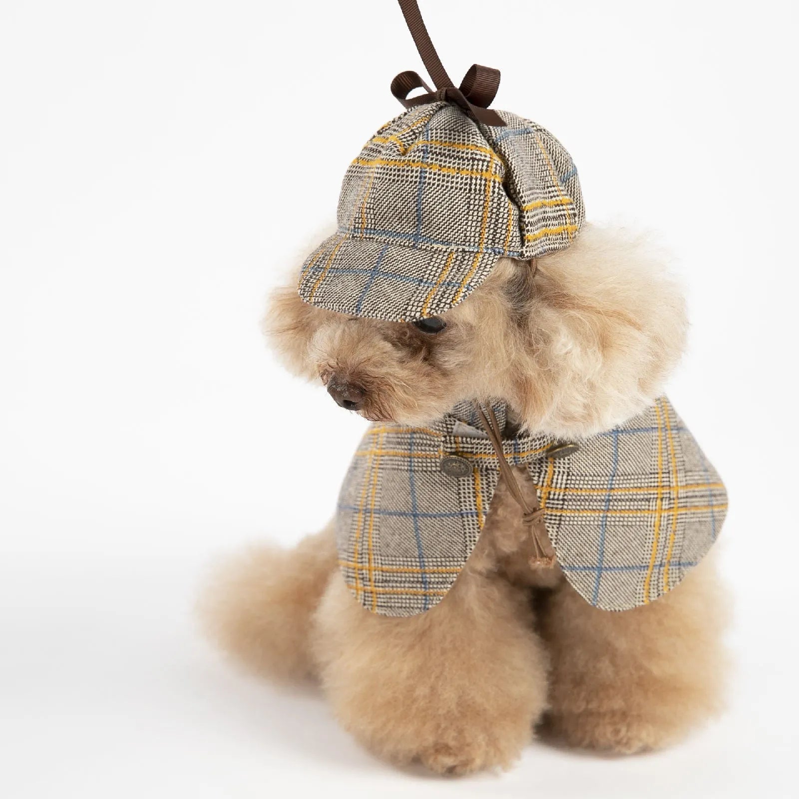 Camel-coloured detective suit style pet cloak with adjustable hat for dogs or cats