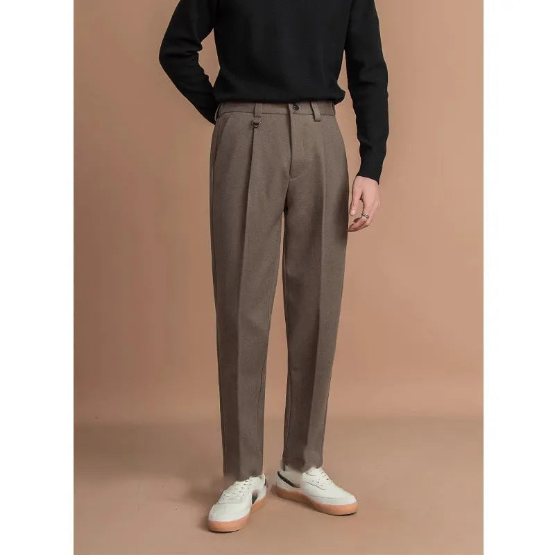 Men's straight leg trousers in draped casual business style available in four colours