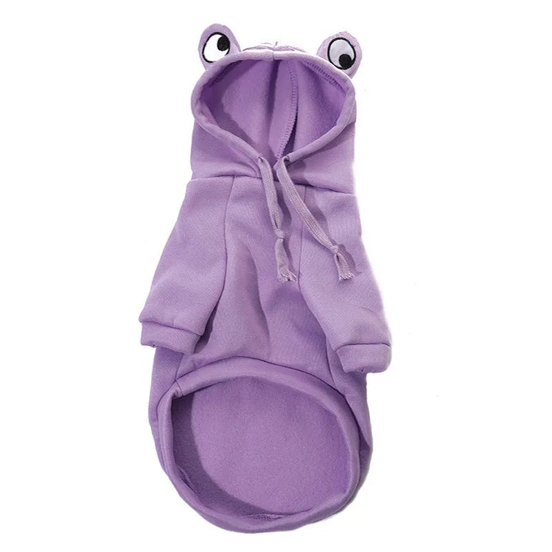 Green frog costume hoodie on a small dog, showing soft fabric and hoodie design for Halloween or autumn.