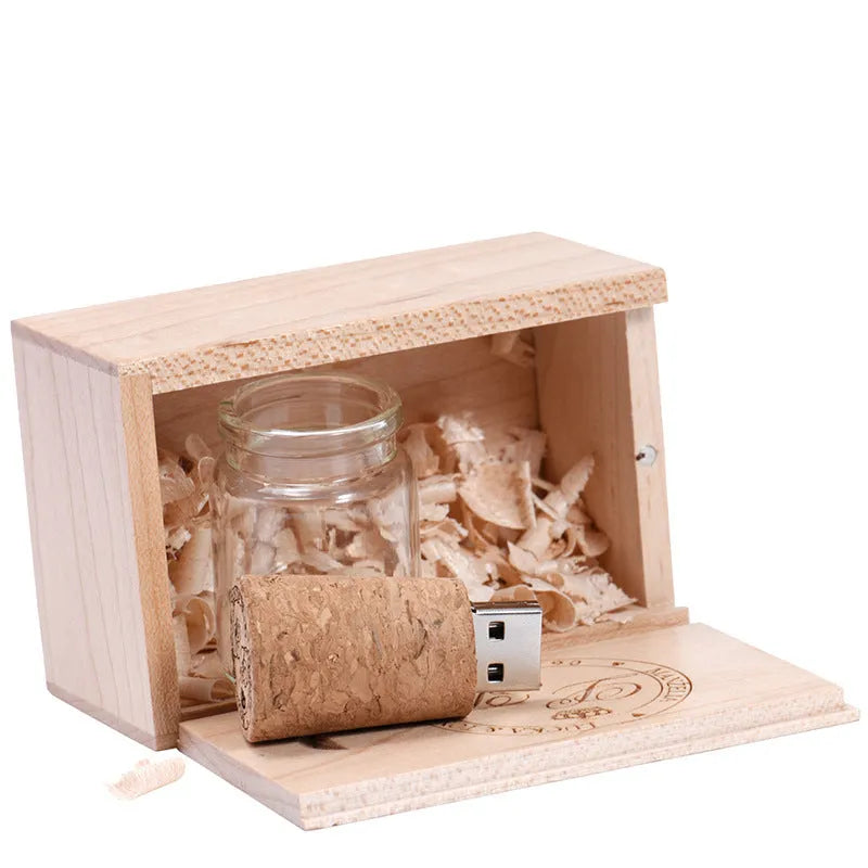 Personalised wooden USB flash drive in drift bottle storage disk shape with chocolate wood finish