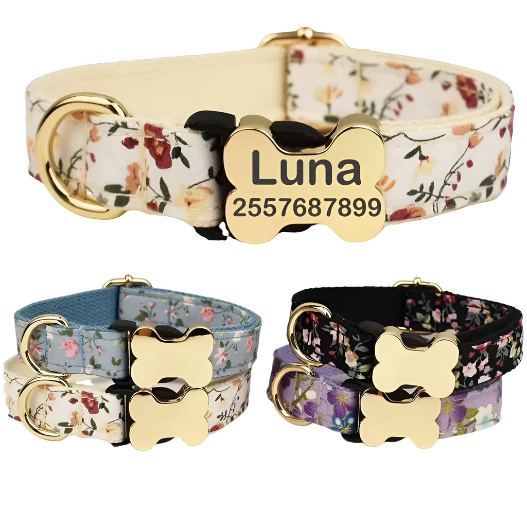 Flat nylon dog collar with grid print and a bone-shaped metal buckle on a white background.