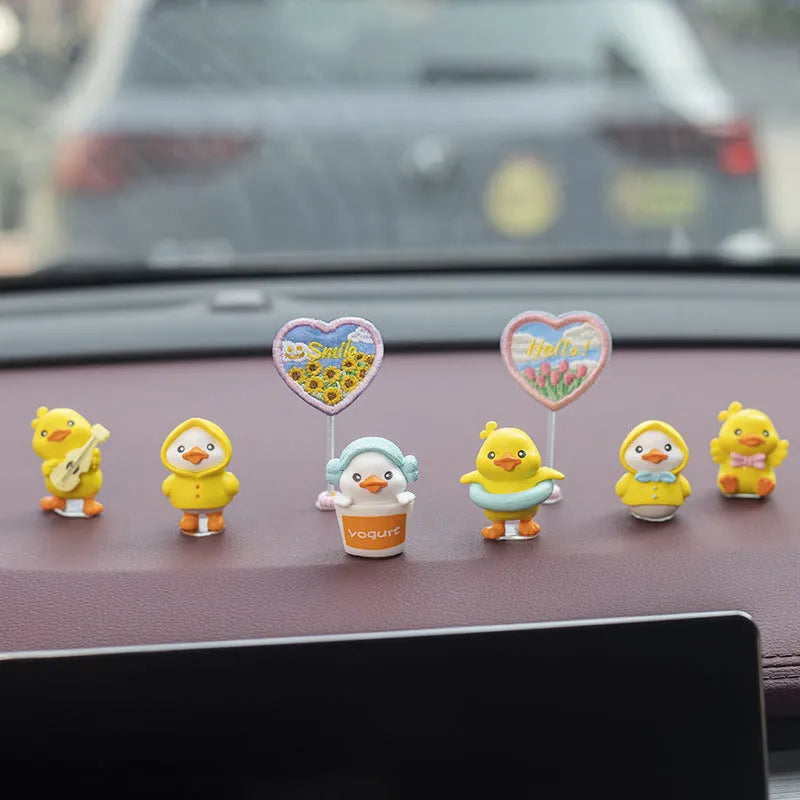PVC cartoon duckling car decoration set with six ducks and welcome sign for dashboard