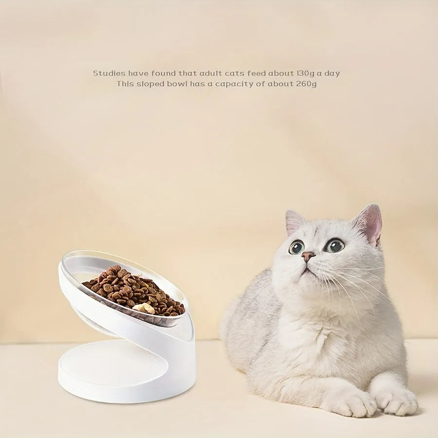 White elevated clear plastic cat food bowl with tilt design for dry and wet food