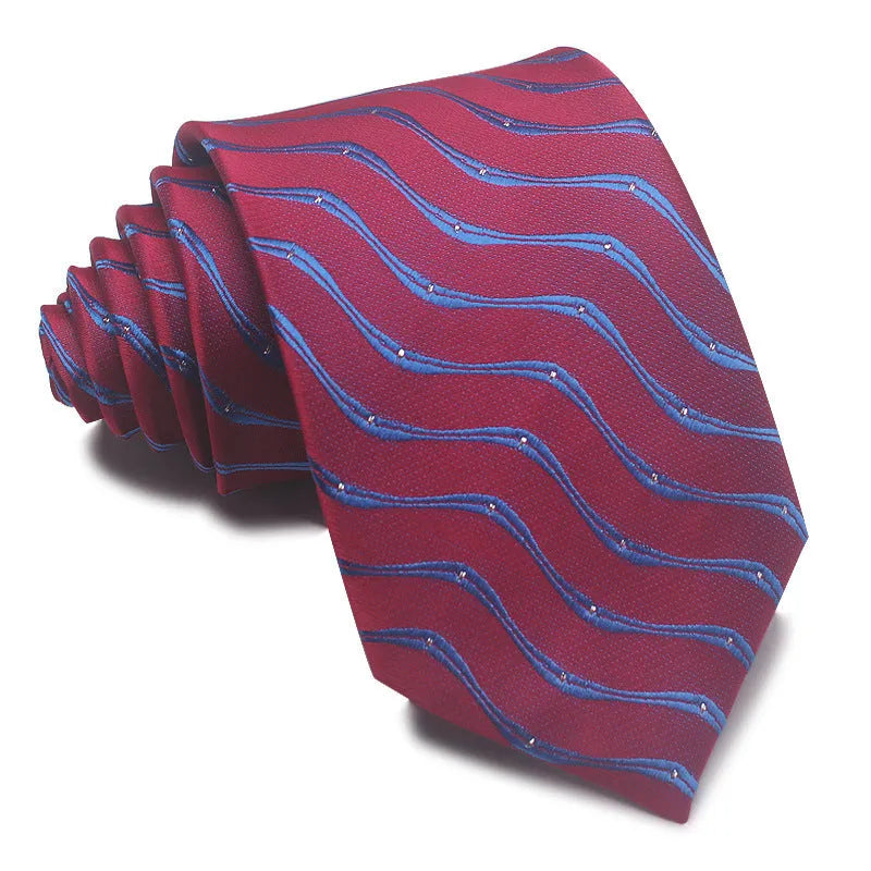 Men's 8cm polyester jacquard striped business tie in red black and blue formal arrow type