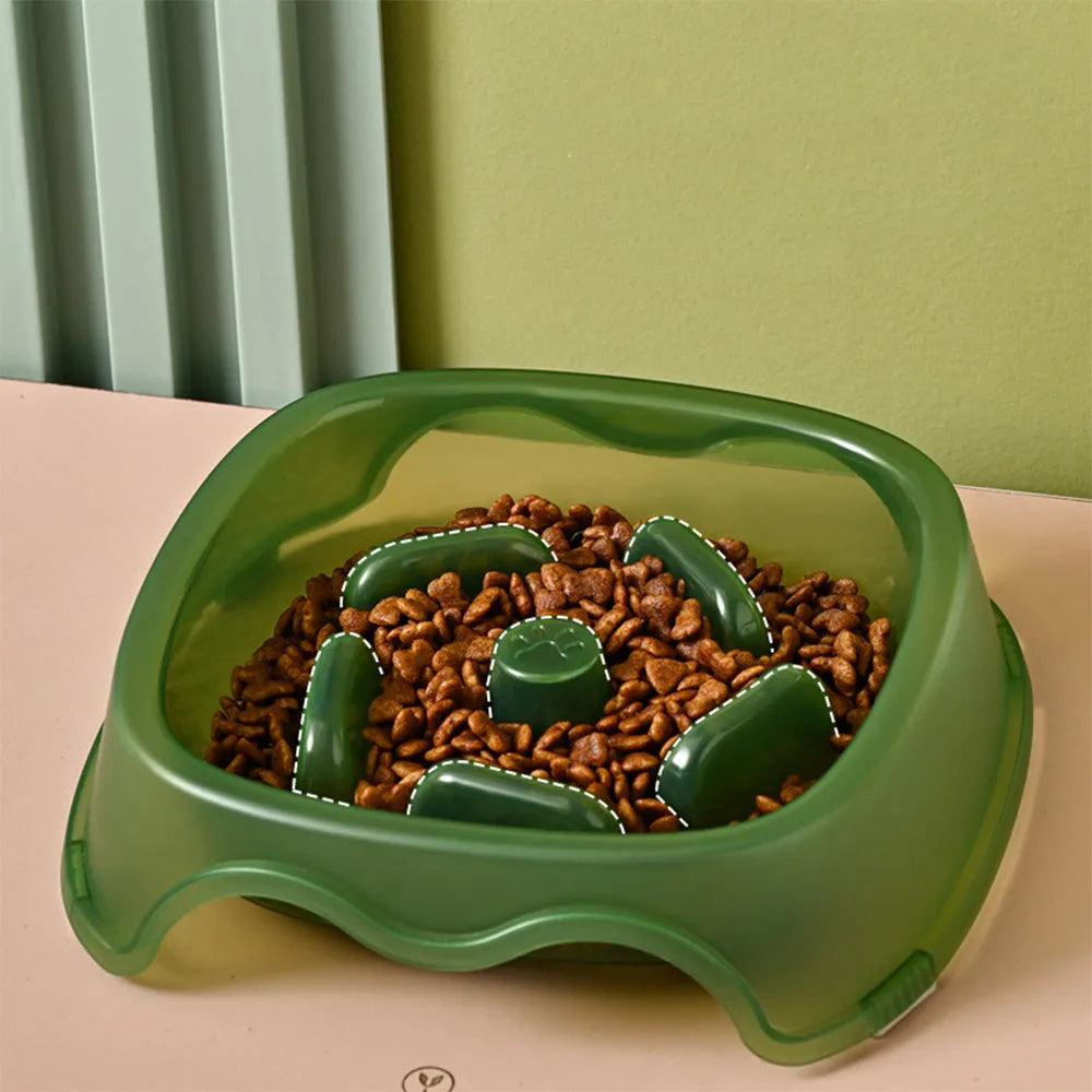 Blue slow feeder dog bowl with internal ridges to prevent fast eating and choking.