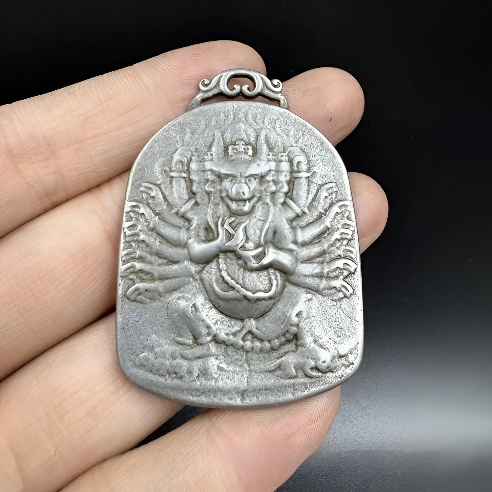 Chinese style iron metal pendant with geometric design in Aryaacalanatha Yamantaka coloration
