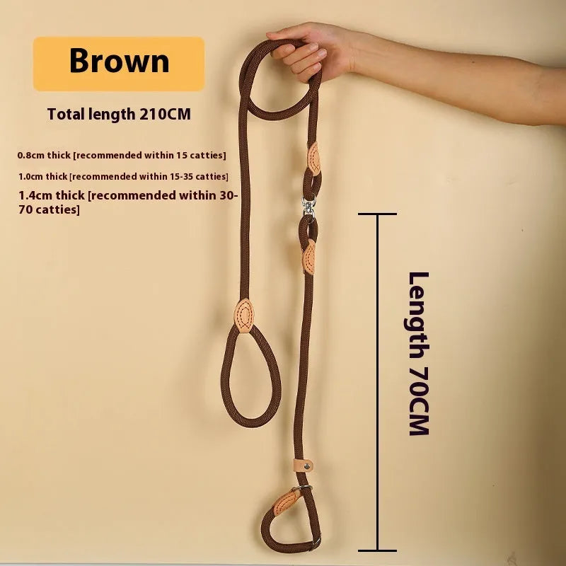 Brown nylon dog leash with P chain handle, showing 2.1 metre length.