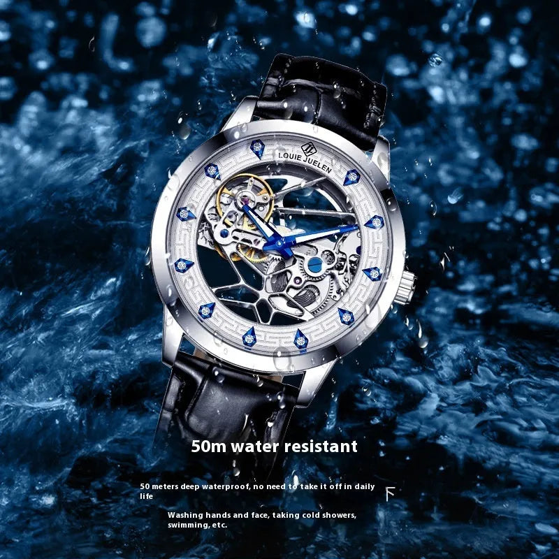 Men's silver case mechanical watch with black leather strap, white face, blue hands, and business styling