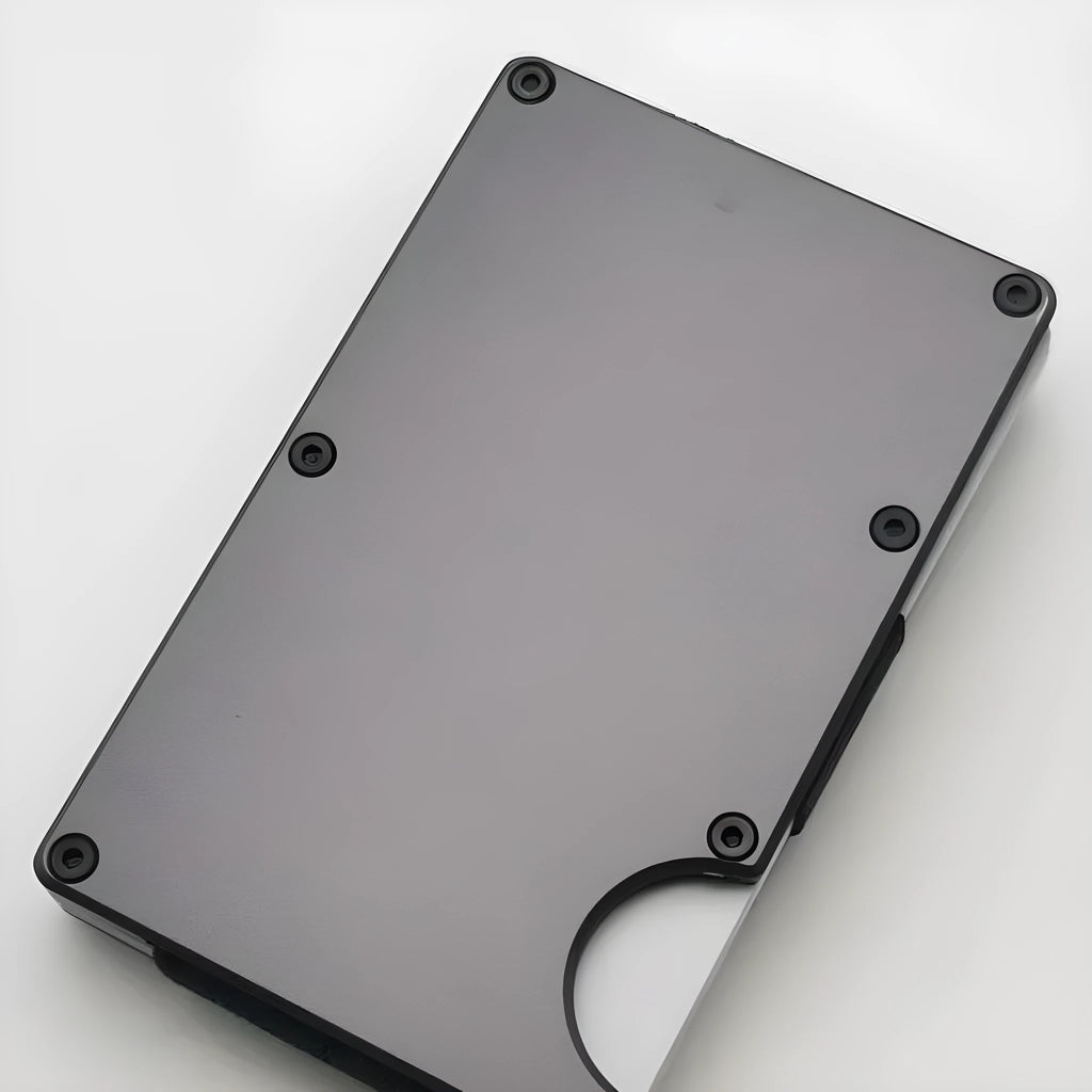 Aluminium alloy grey carbon fibre credit card wallet with RFID blocking anti-theft protection