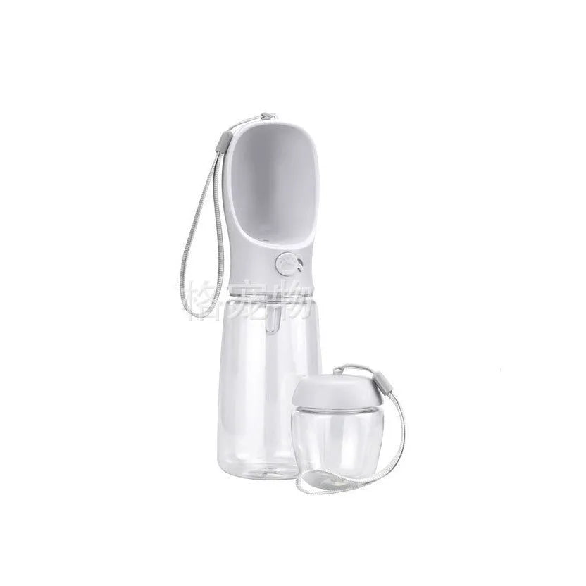 Blue portable plastic dog water bottle with flip-out drinking bowl for walks and travel.