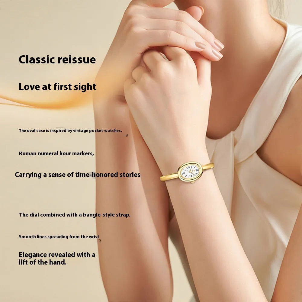 Women's oval retro quartz watch with 8mm thickness showing gold and silver colour options with spiral patterns