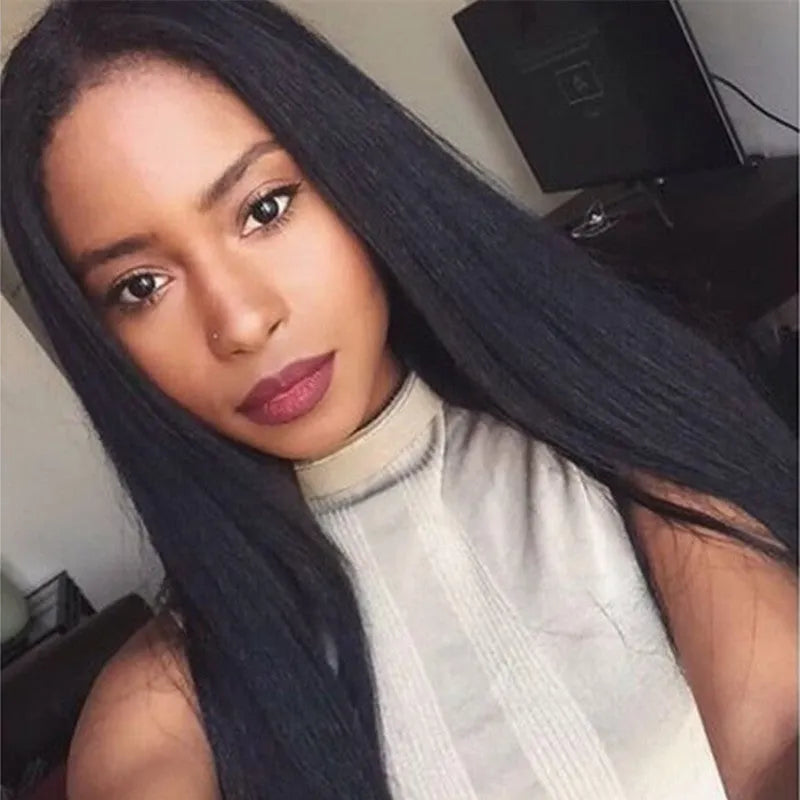 Women's long straight black wig with centre-parted bangs made from high-temperature fibre