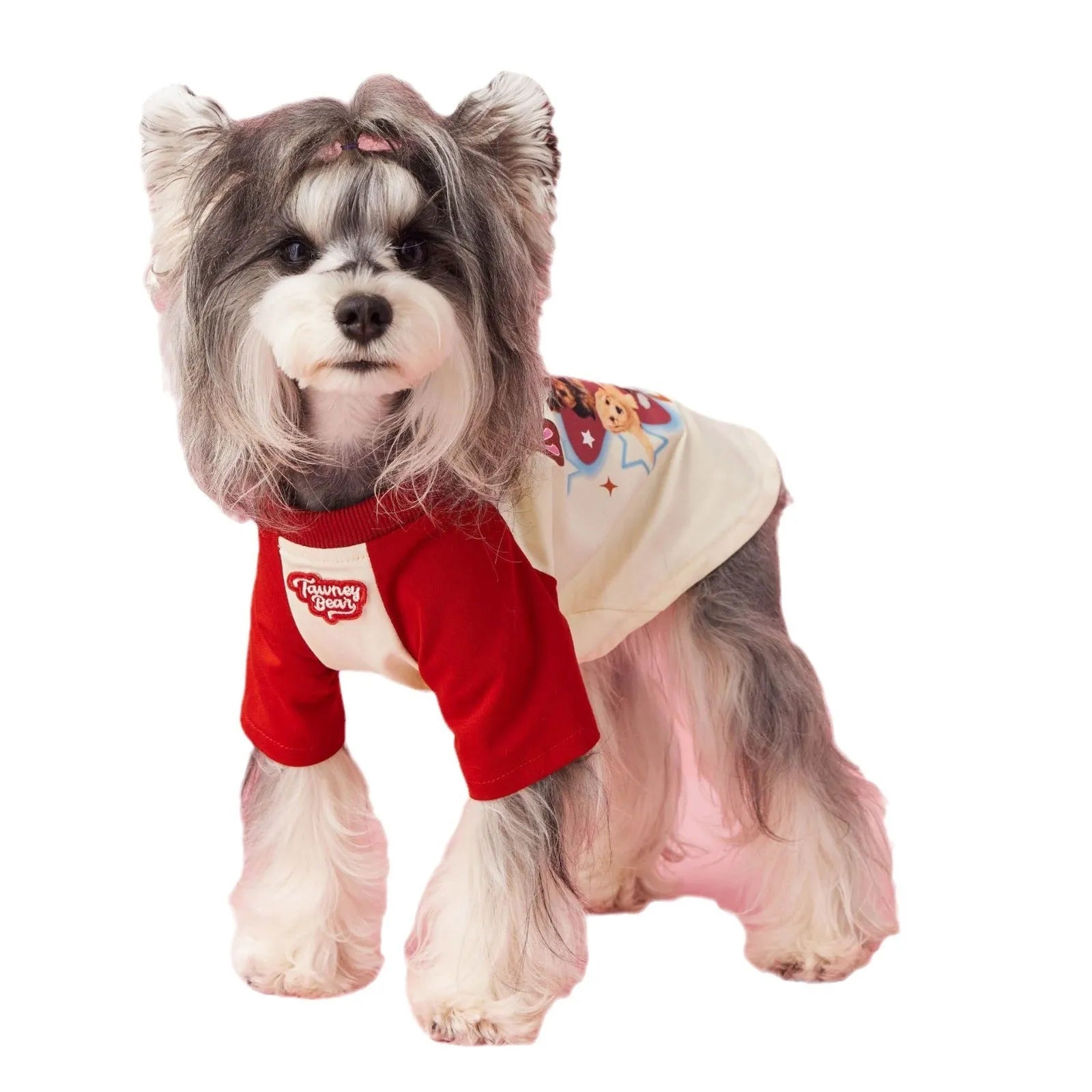 Cotton dog summer t-shirt with embroidered design in red or pink, sizes XS to XXL