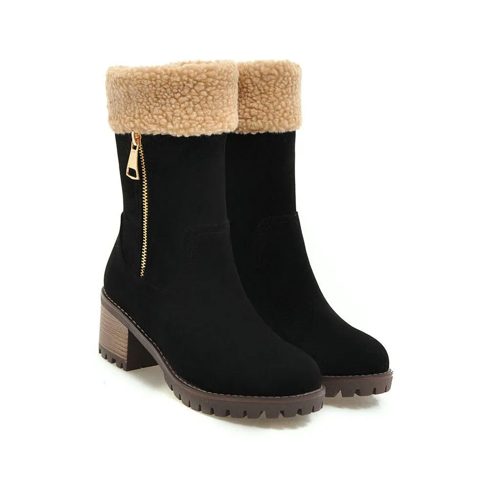 Women's snow boots with plush lining in black, grey, green, and orange colours