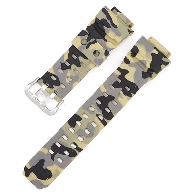 Camouflage pattern TPU watch strap with silver buckle showing 19cm length
