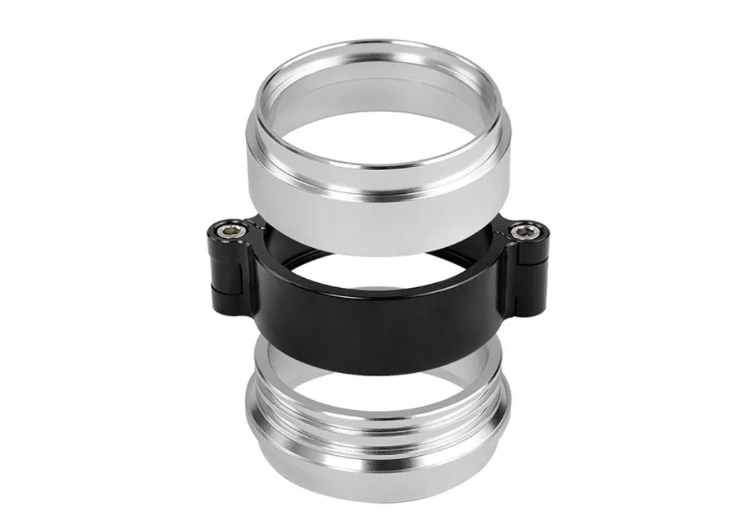 Aluminium fixed movement exhaust clamp for turbo applications in black, blue, or red.