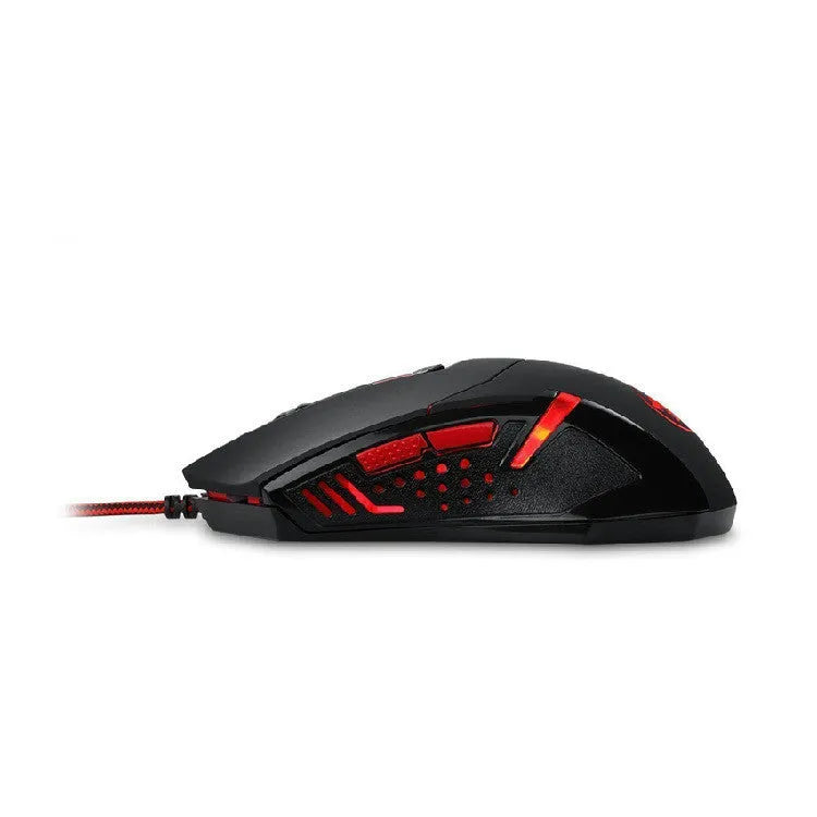 Black and red wired USB gaming mouse with six buttons and scroll wheel on a desk.