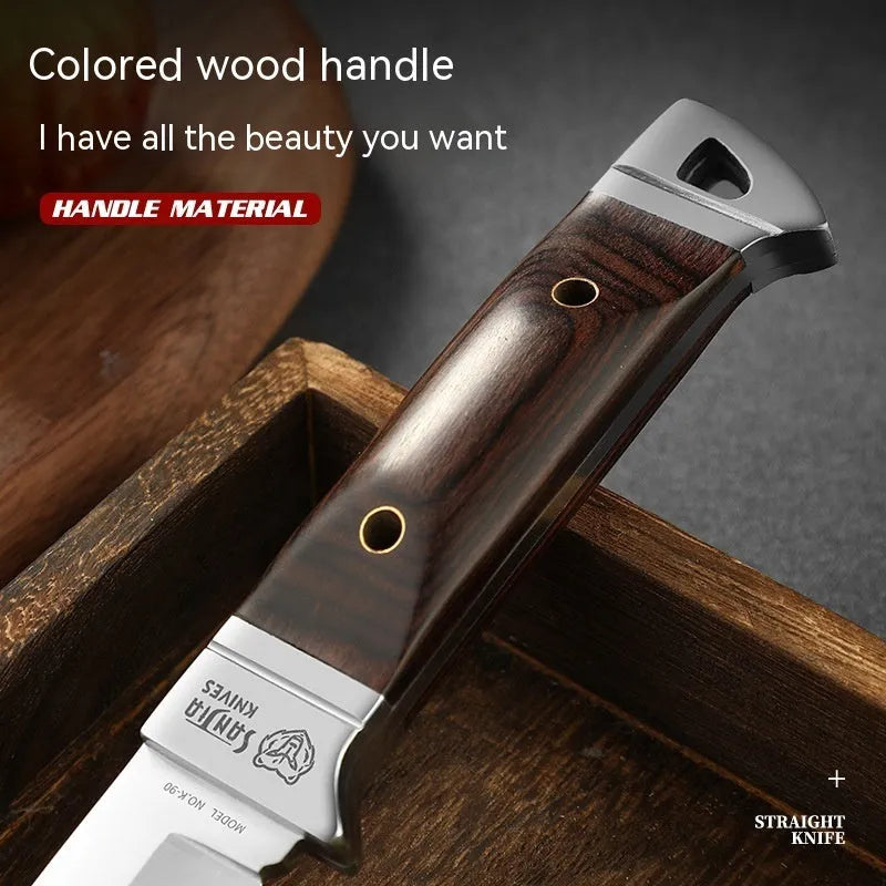 National style stainless steel camping knife with a leather sheath.