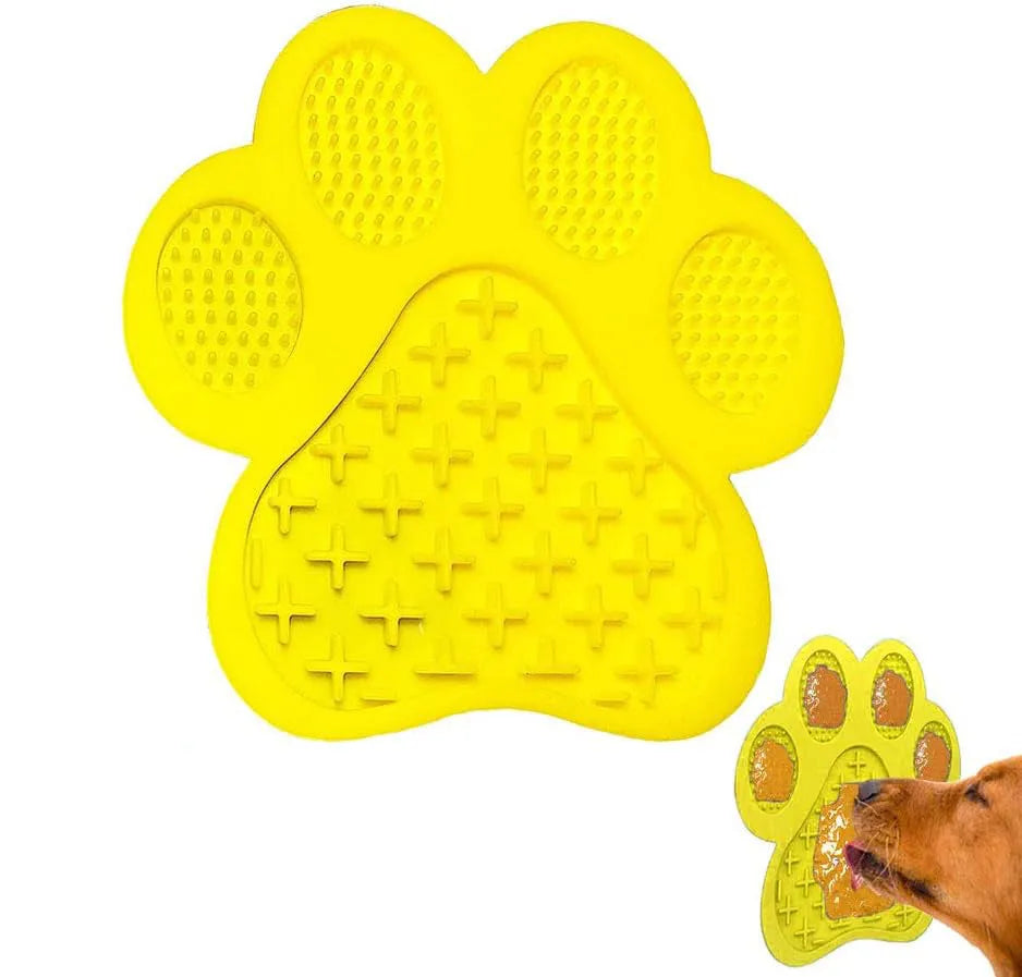 Blue silicone dog licking mat with bone texture and suction cups on a white background.