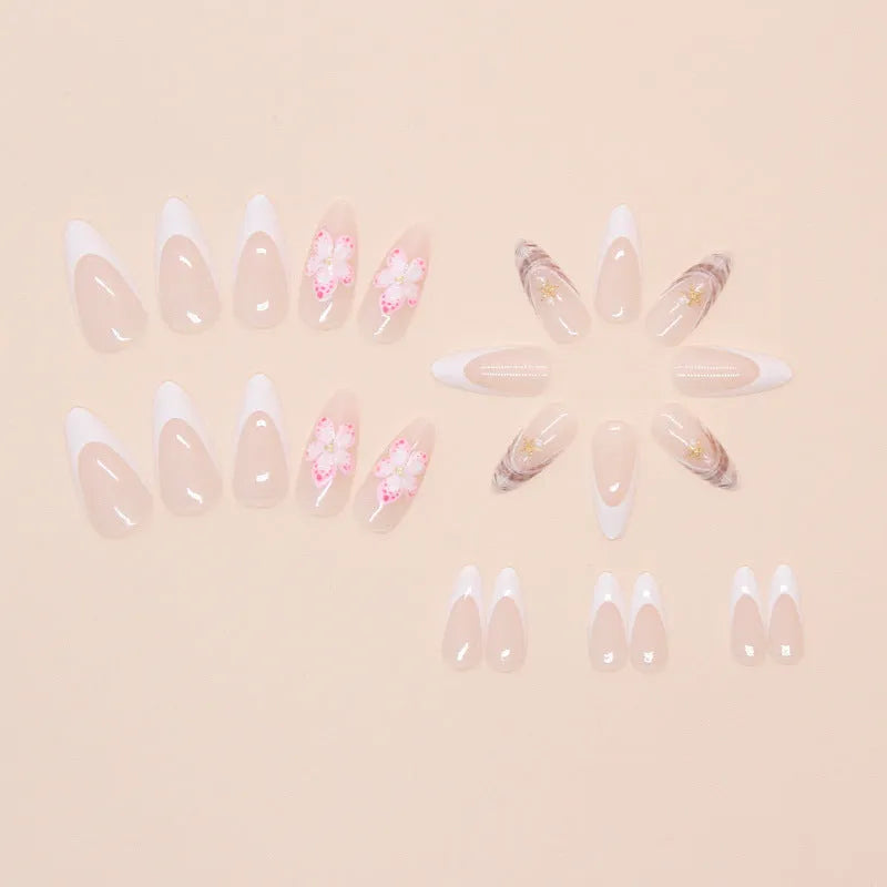 French style false nails with W1764 simple flower pattern and rock design patches