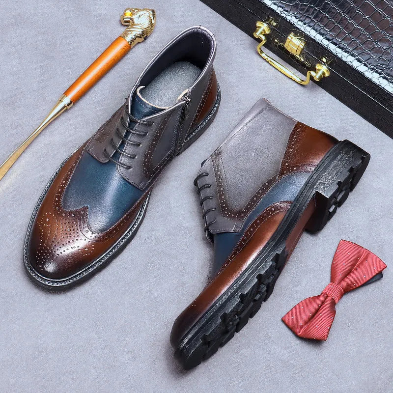 Men's curry blue leather brogue boots with carved detailing and colour blocking