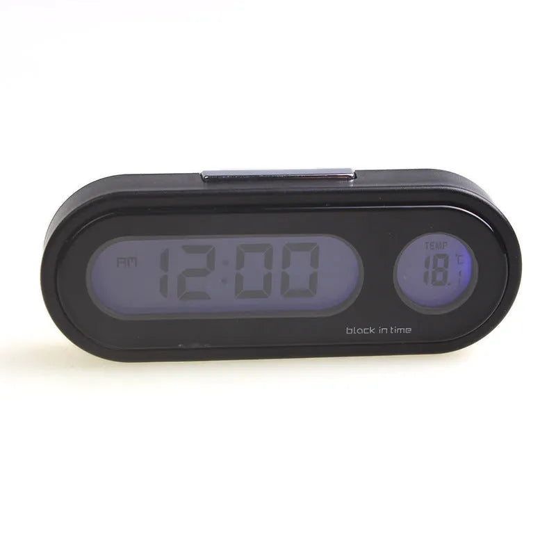 Black car electronic clock and thermometer with LED display on adjustable dashboard bracket