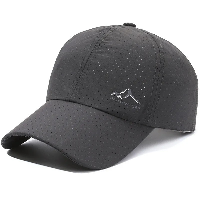 Adjustable baseball cap in polyester fabric on a solid colour background, showing dome crown and strap.