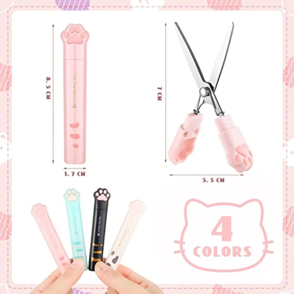Closed cat paw mini folding safety scissors showing stainless steel blades hidden inside, in blue colour option.