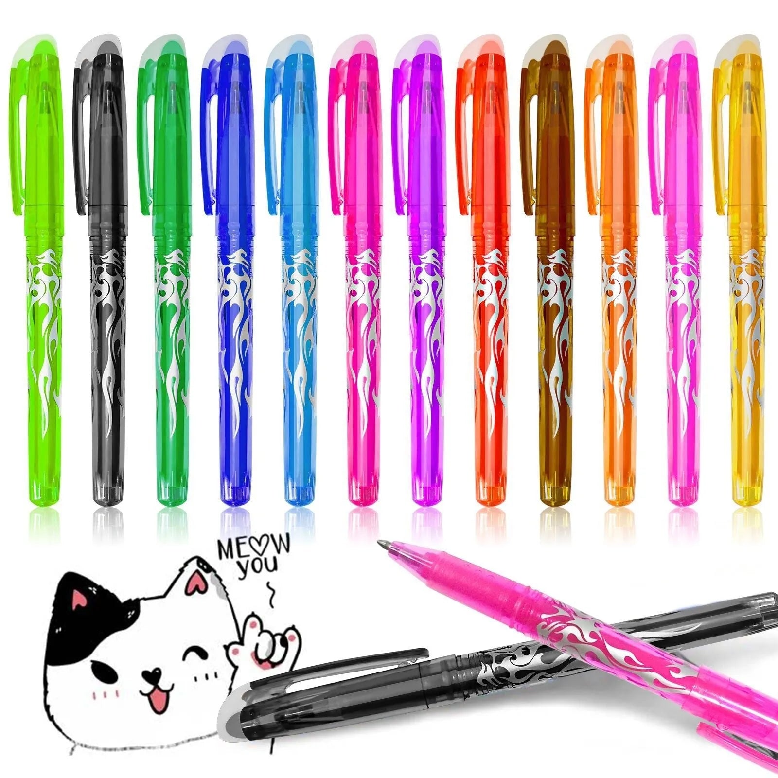 Pack of hot erasable gel pens with plastic bodies and choice of 0.5mm or 0.7mm stainless steel nibs.