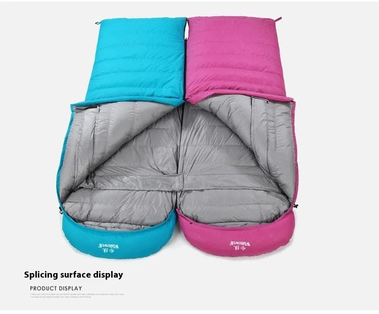Black outdoor sleeping bag with envelope structure, showing goose down fill and durable nylon fabric.