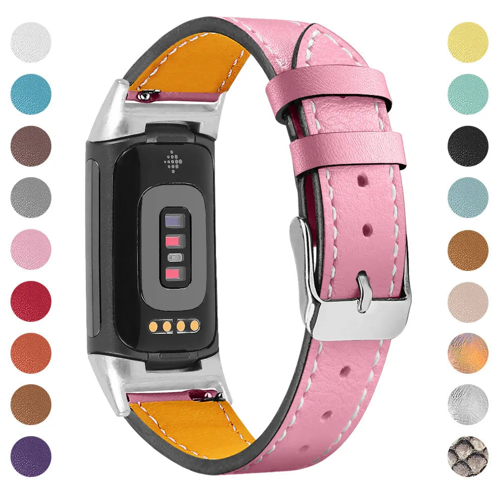 Genuine leather watch strap for Fitbit Charge 5 and Charge 6 fitness trackers on a wrist.