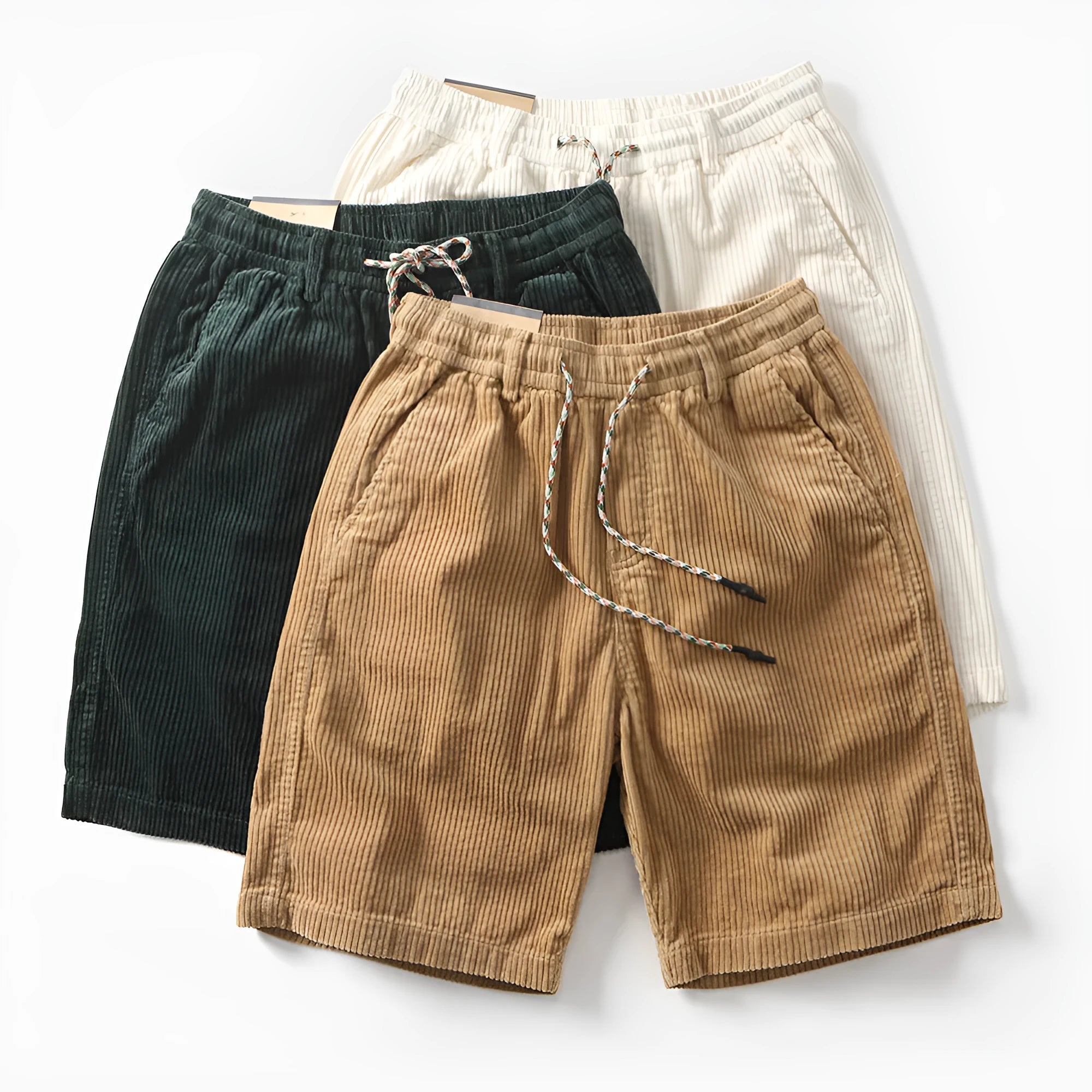 Men's khaki retro cargo shorts with straight leg and multiple pockets