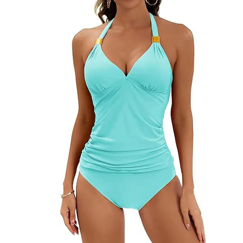 Women's solid colour halter top two-piece swimsuit with split tie and briefs in milk silk polyester