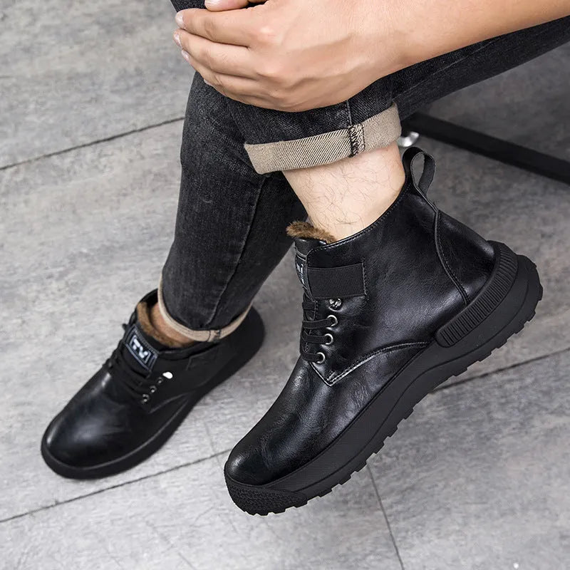 Black Martin boots with high-top platform design and velvet artificial PU upper