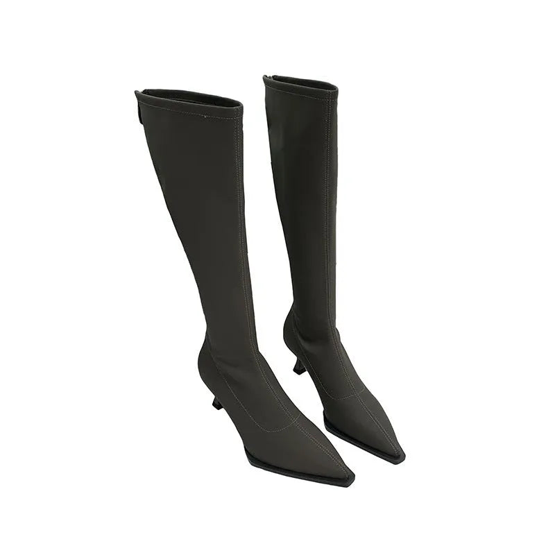 Black pointed toe below knee stiletto heel boots with a back zipper on a woman's leg.