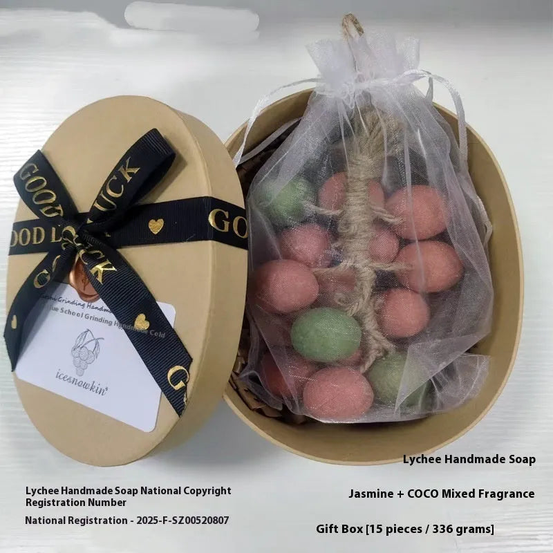 Handmade grape and litchi cleansing soap bars, 120g each, in gift box and mesh bag bulk packaging.
