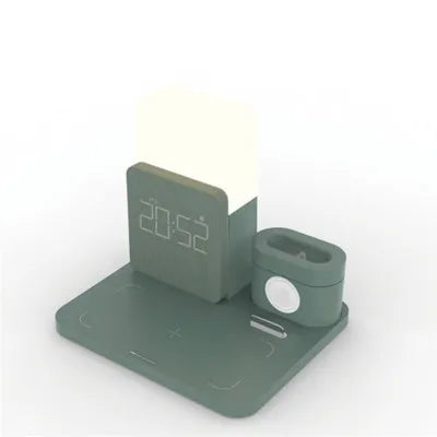 3-in-1 Qi wireless charging stand in dark green colour with phone, earbuds and smartwatch charging simultaneously