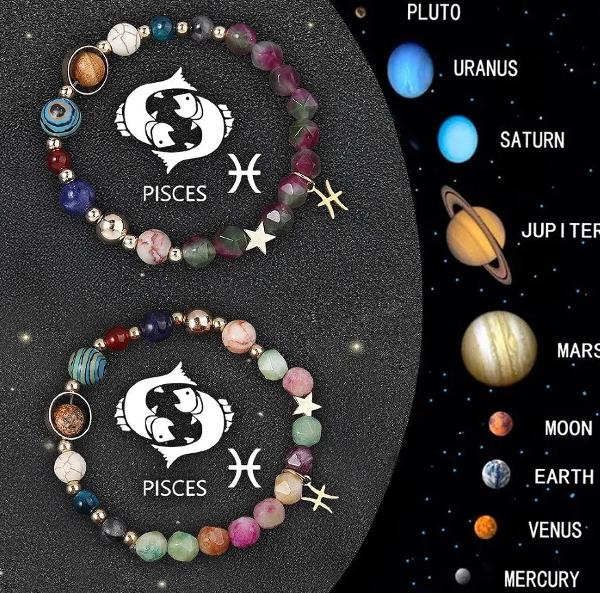 Set of two natural stone beaded bracelets on a wrist, each representing a different zodiac sign style.