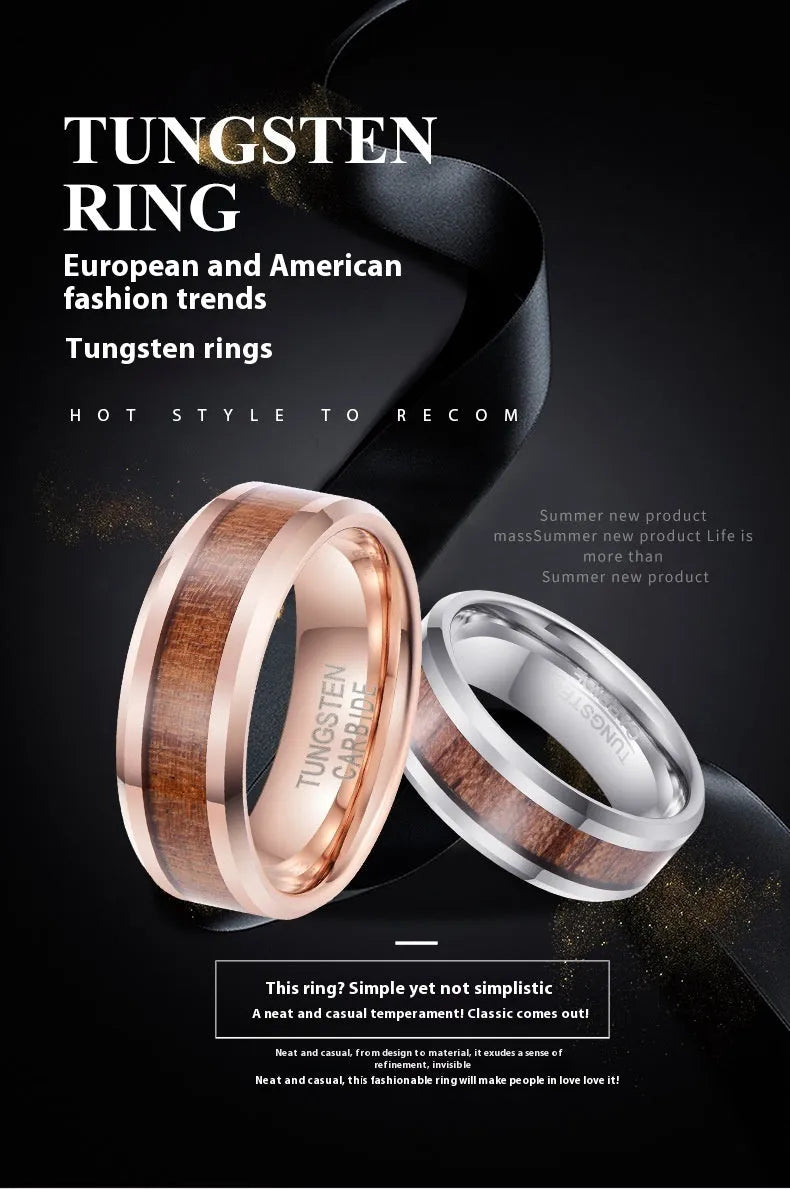 Men's tungsten ring with brown leather inlay and wood detail on an 8mm wide band in rose gold tone.