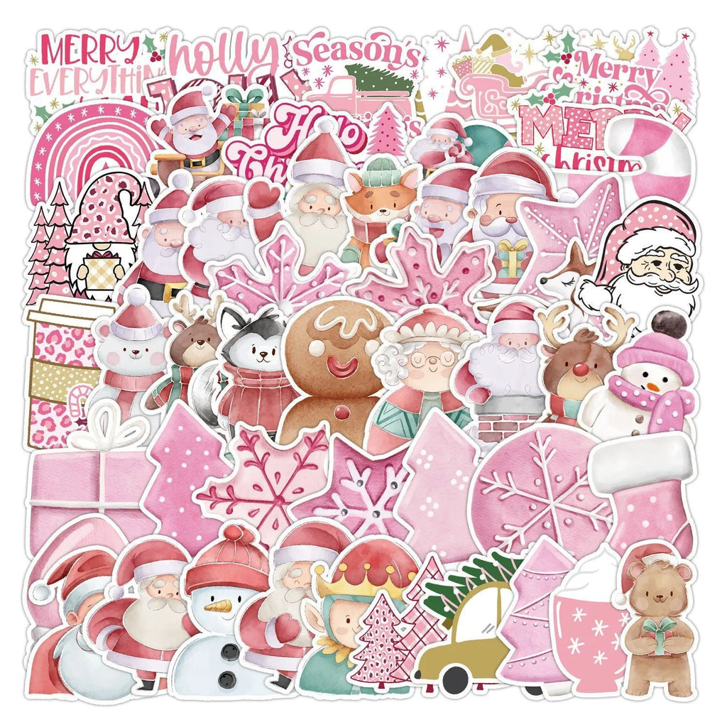 Pack of 50 cute Christmas waterproof vinyl stickers sized 4-8cm for decorating cars, phones, and laptops