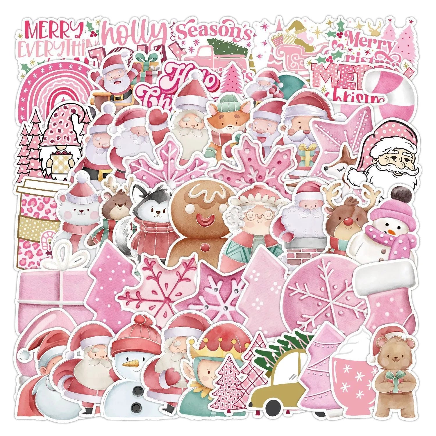 Pack of 50 cute Christmas waterproof vinyl stickers sized 4-8cm for decorating cars, phones, and laptops
