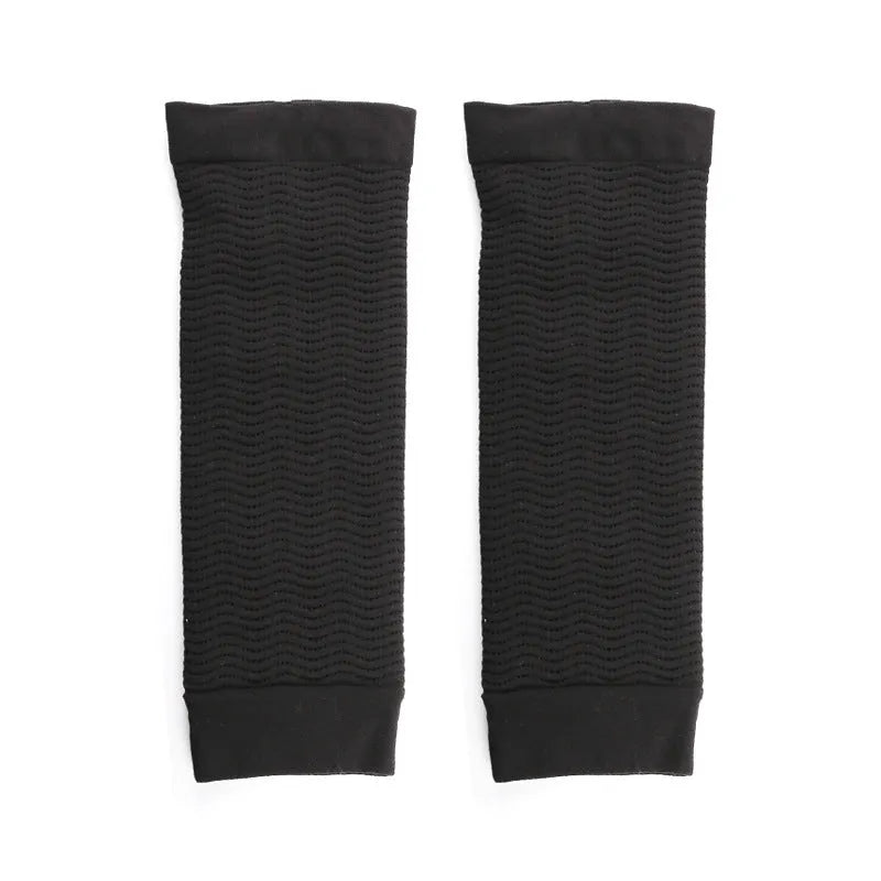 Women's black and skin colour nylon arm shaping sleeves for compression and toning