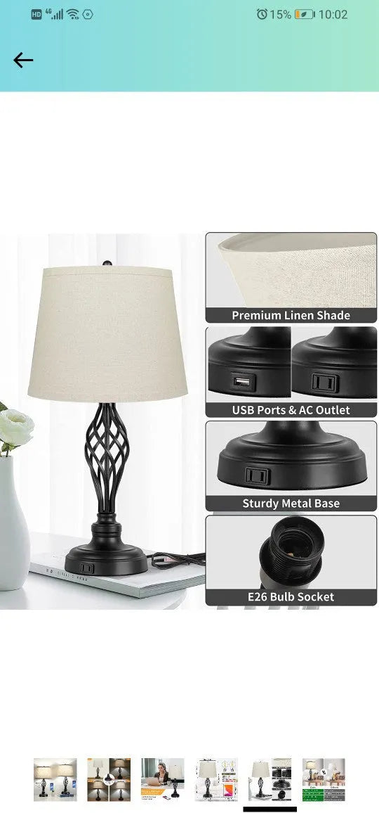 European style alloy touch sensing bedside table lamp with USB charging port and cold warm dimmable light