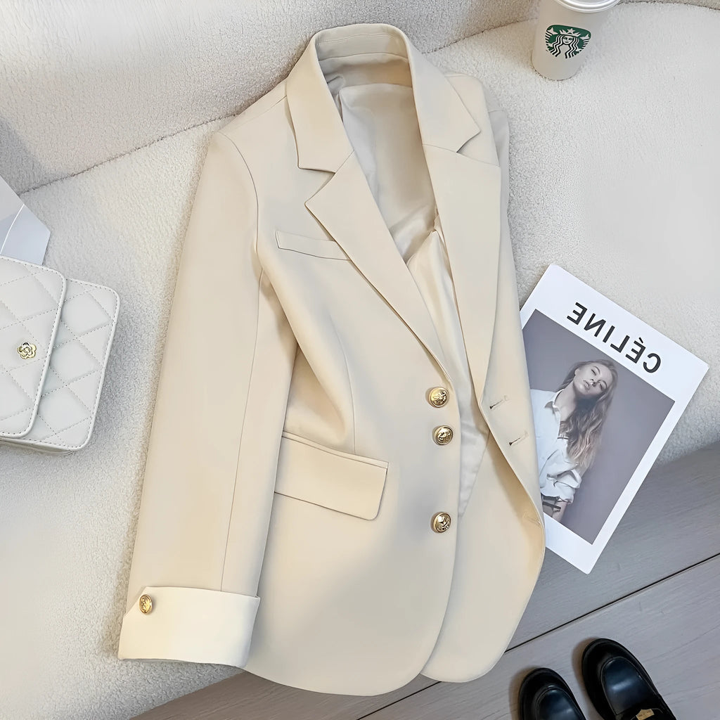 Women's medium-length loose polyester coat in milky white with pockets and regular long sleeves
