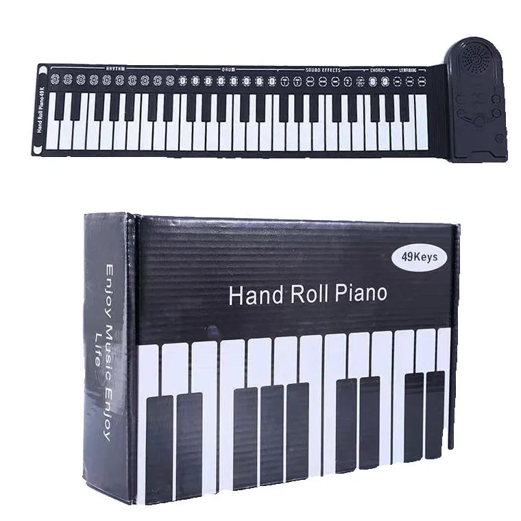 49 key roll up electronic keyboard in glossy black showing flexible silicone piano keys and portable folding design