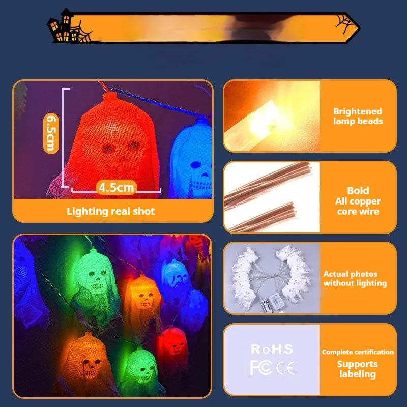 Halloween coloured LED string lights with battery box in 1.5m or 2.5m lengths on an indoor wall.